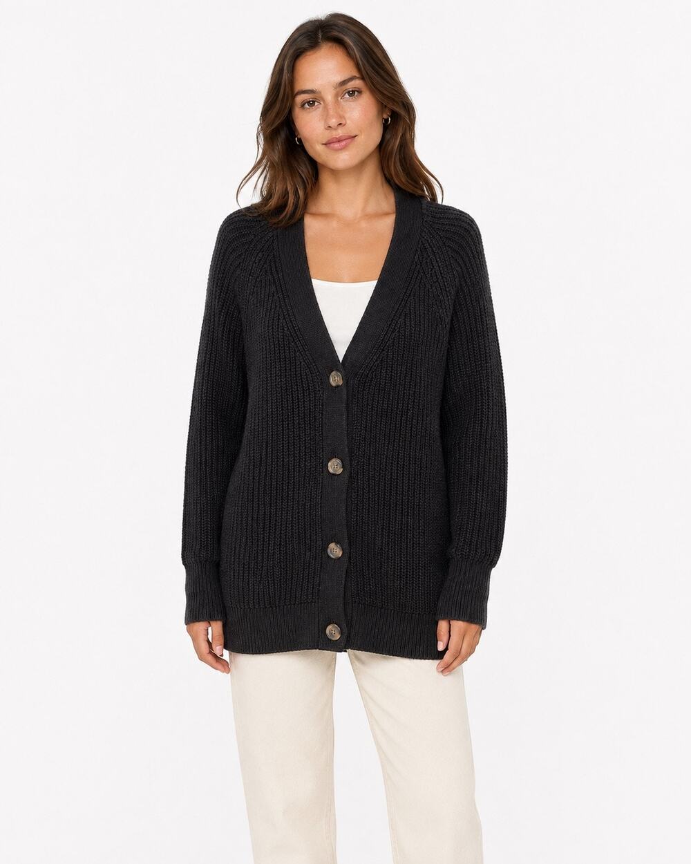 GAP Women’s Medium Black Chunky Knit Cardigan 100% Cotton Button Front